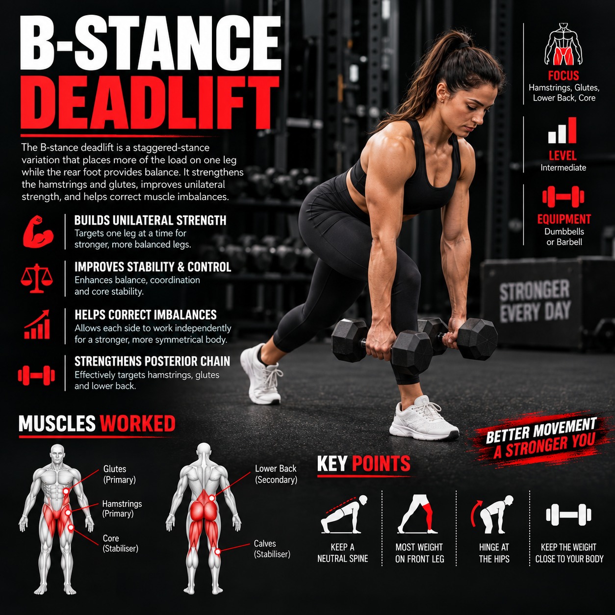 B-stance deadlift exercise
